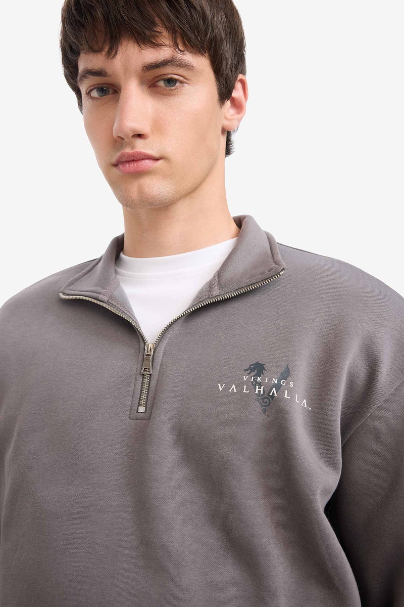 DeFacto Grey Man Boxy Fit Vikings Valhalla Printed Long Sleeve Sweatshirt Casual - Image 4